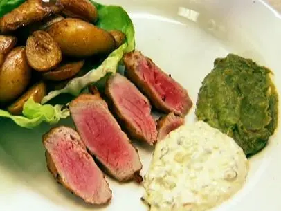 Seared Ahi Tuna on a plate with Wasabi Guacamole and Pickled Tartar Sauce