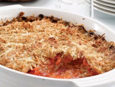 Root Vegetable Gratin in a white baking dish 