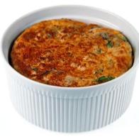 Chicken and Cheddar Souffle in a white Souffle Dish