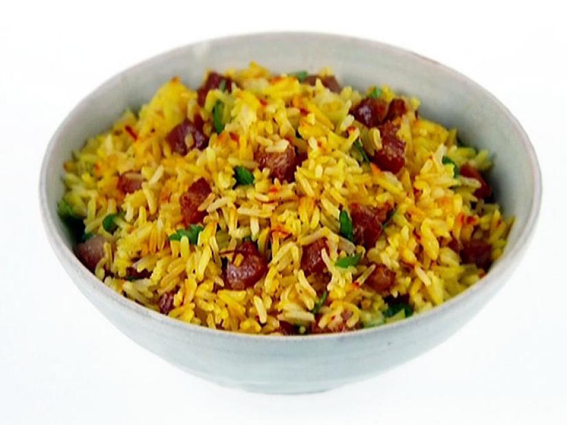 Pancetta and White Basmati Rice mixture in a gray bowl