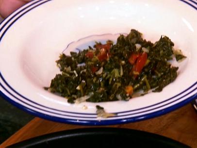 Spicy Collard Greens in a White Bowl trimmed with three dark blue stripes