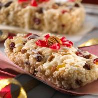 Rice Krispies Fruit Cakes Placed with Gold and Red Ribbons