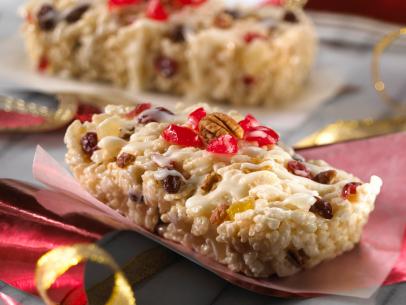 Rice Krispies Fruit Cakes Placed with Gold and Red Ribbons