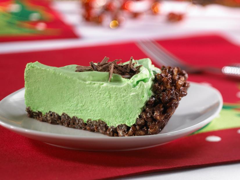 Rice Krispies Mint Chocolate Pie on a Small White Plate and Christmas Place Setting