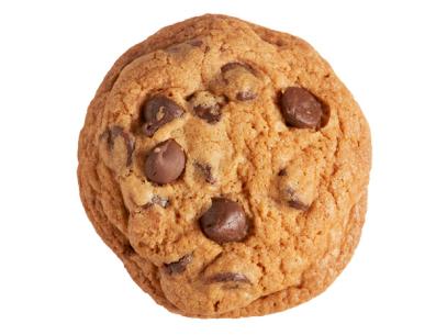 A classic chocolate chip cookie against a white background
