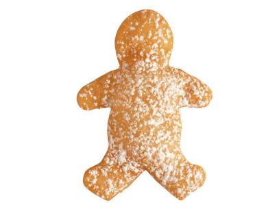 A Holiday Fritter sprinkled with powder sugar shaped like a gingerbread person