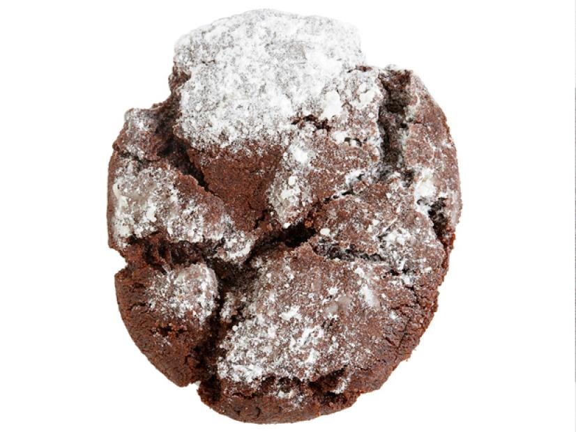 A chocolate cookie with random spatterings of powder sugar
