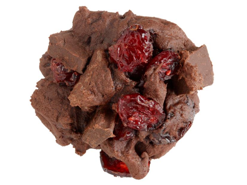 A chocolate cherry gooey against a white background