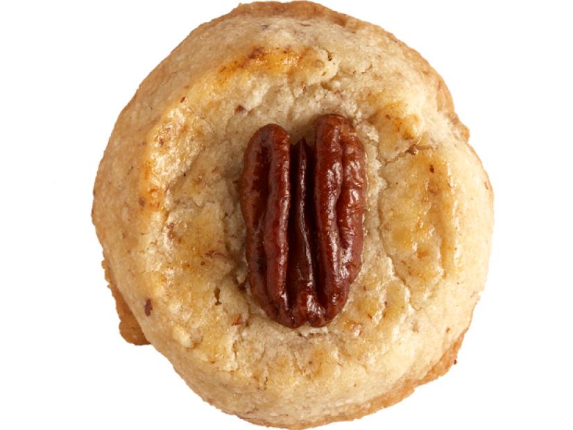 A sandy cookie with a pecan on top and placed against a white background