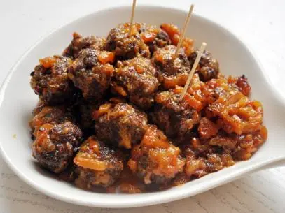 Marmalade Meatballs piled in a plain white dish