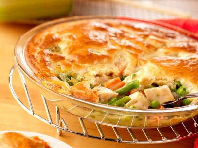 Campbells Easy Chicken Pot Pie in a round glass dish placed on a cooling rack