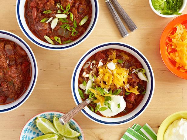 Beef and Pork Chili  topped with shredded cheese and scallions