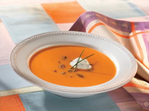 Sweet Potato and Spiced Pecan Soup with Chive Chantilly