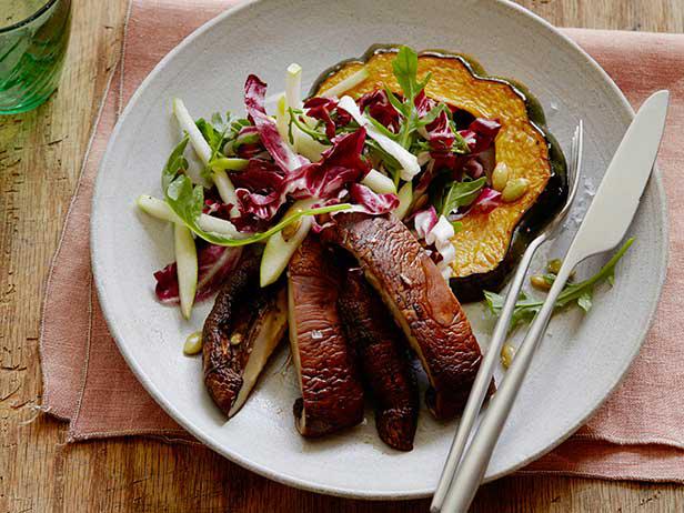 Roasted Acorn Squash and Portobello Mushroom Salad with Radicchio, Apples and Pumpkin Seeds