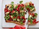 VERDURA PIZZA, Sandra Lee, Semi-Â­Homemade Cooking/Double Date, Food Network,Refrigerator Pizza Crust Dough, Pasta Sauce, Garlic Powder, Dried Oregano, Olive Oil, GoatCheese, Baby Spinach, Artichoke Hearts, Red Bell Peppers, Sliced Ripe Olives