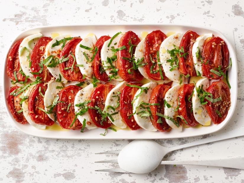 Ina Garten's Roasted Tomato Caprese Salad for the Oven Rules  episode of Barefoot Contessa, as seen on Food Network.