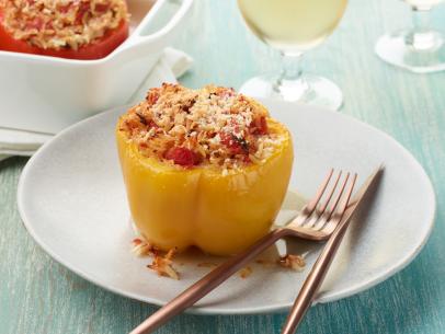 Giada De Laurentiis's Orzo Stuffed Peppers for the Greek Fusion episode of Everyday Italian, as seen on Food Network.