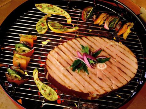 Grilled Ham Steak Kabobs with Peach Slaw