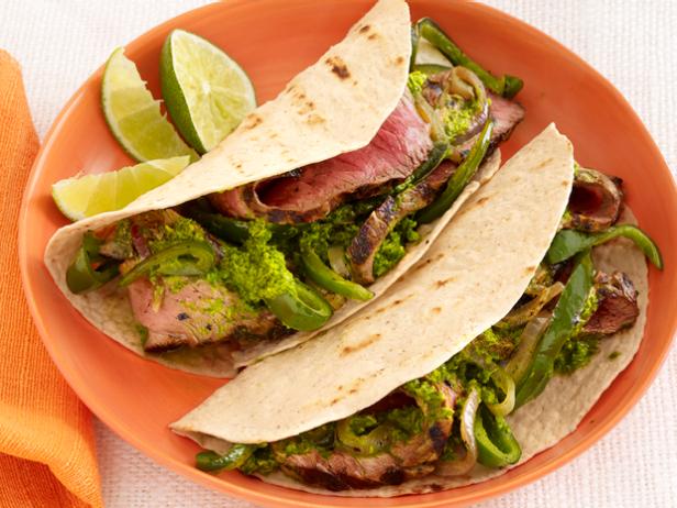 Sunny Anderson's Steak Fajitas with Chimicurri and Drunken Peppers