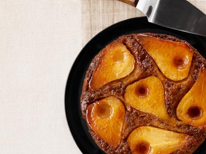 Slow Cooked Pear Cake in a Black Dish