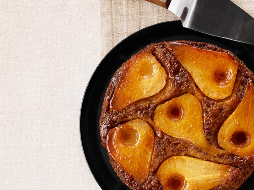 Slow Cooked Pear Cake in a Black Dish