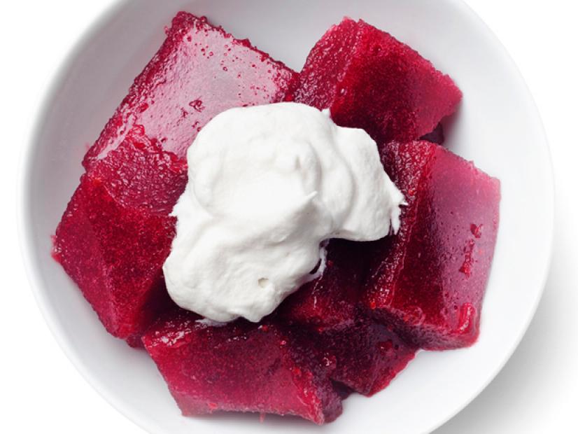 Cranberry Jello with Whip Topping in White Dish