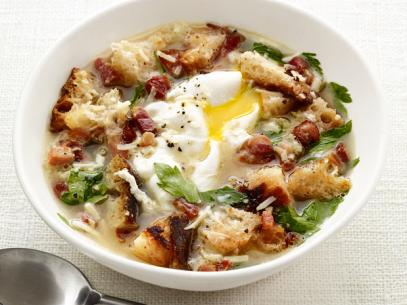 Soup Made of Bacon, Egg and Bread in a White Dish