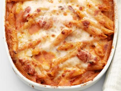 Baked Penne with Cheese in A White Baking Dish