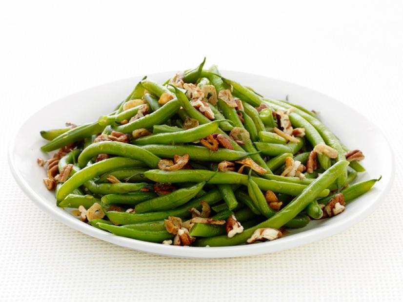 Garlic String Beans with Nuts in a White Bowl