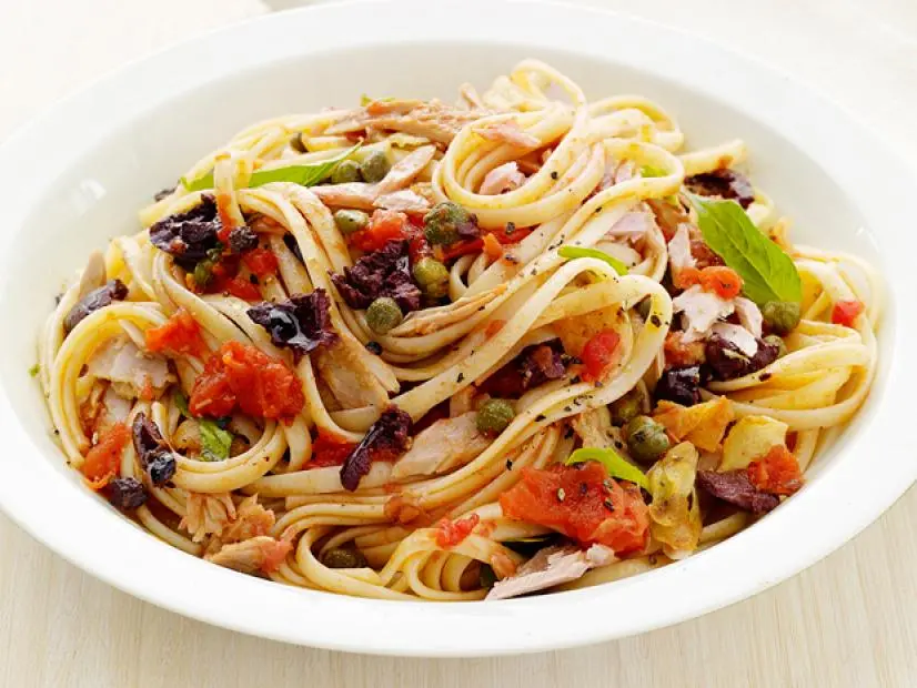 Pasta and a Spicy Melange in a White Dish
