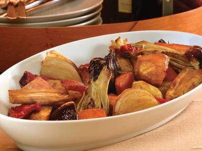Roasted Root Vegetables in an Oval White Dish