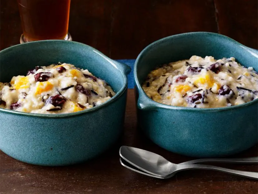 Slow Cook Porridge with Mixed Fruit in Blue Bowls
