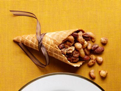 Mixed Nuts in a Waffle Cone on Gold Cloth