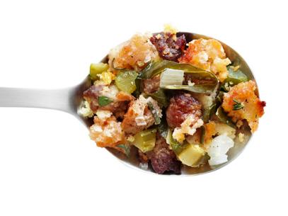 Stuffing Mixture of Collard and Cornbread on a Spoon