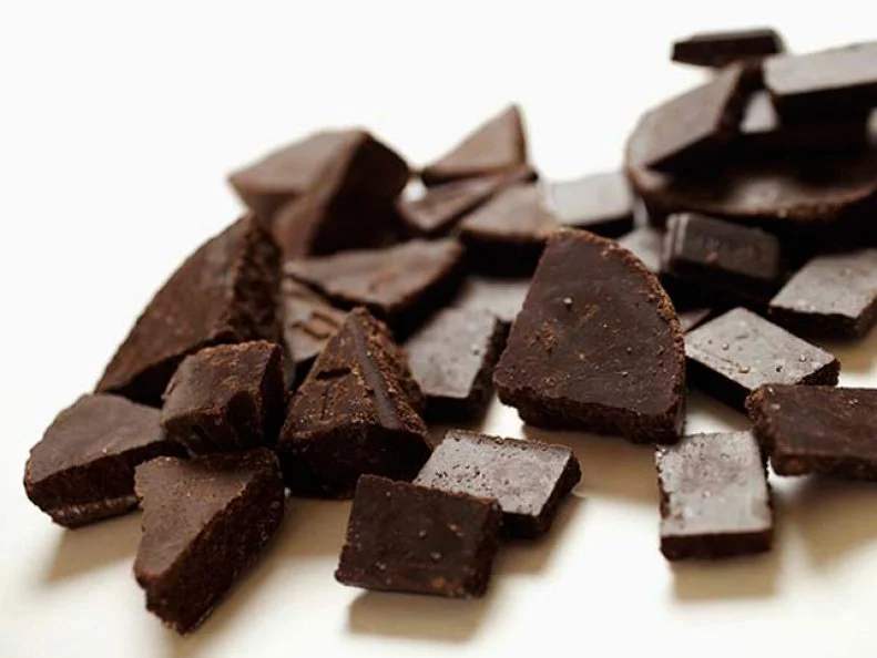 Small pieces of chocolate against a white background