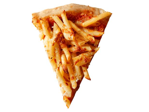 A slice of pizza topped with pasta