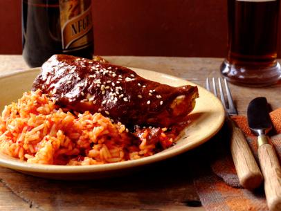 Weekend Chicken Mole and rice on a beige plate