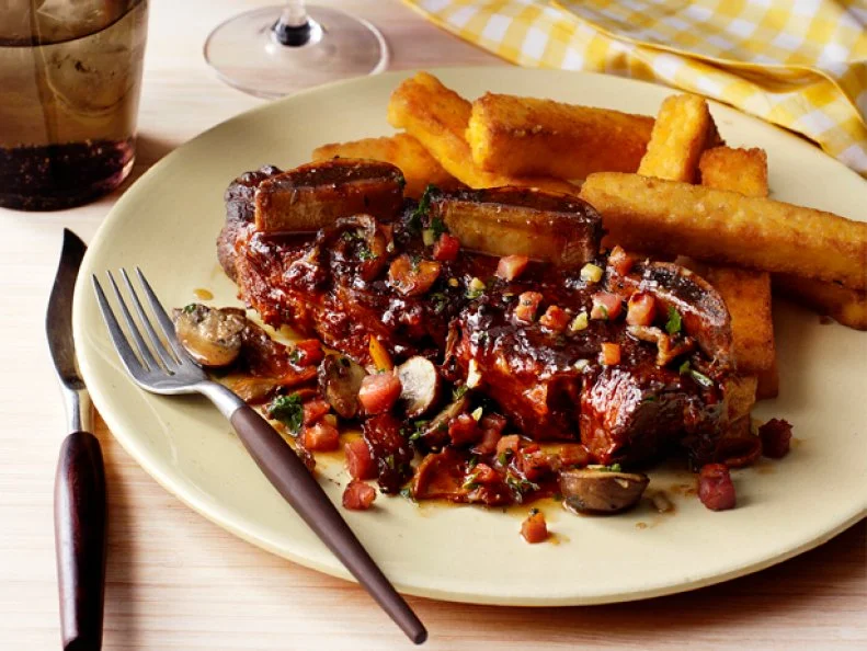 Weekend Short Ribs and Fries on a yellow plate