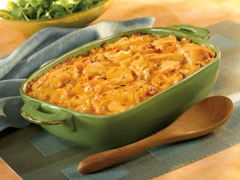 Mexican Au Gratin in a green baking dish