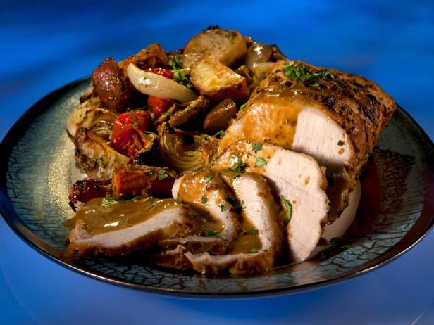 JKL Pesto Pork and Veggie Roast Recipe | Guy Fieri | Food Network