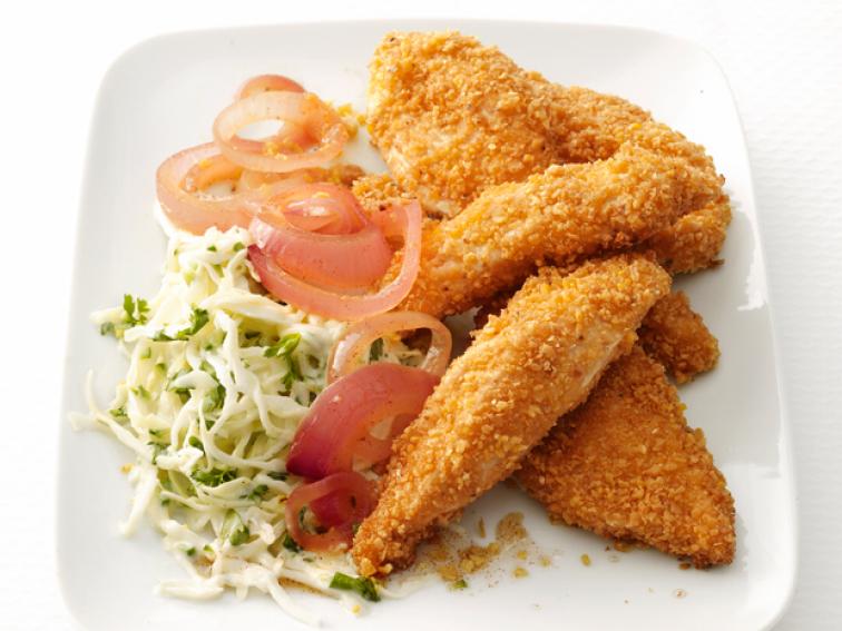 Tortilla Chip Crusted Chicken Tenders with Jalapeno Slaw Recipe Food