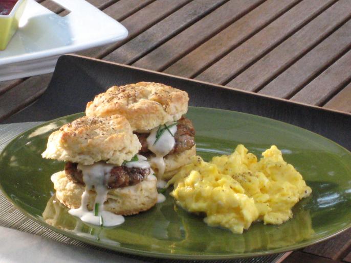 Buttermilk Biscuits with Eggs and Sausage Gravy Recipe Bobby Flay