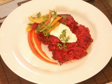 Beet and Red Onion Potato Latkes with Carrot Puree and Horseradish and Caraway Creme Fraiche