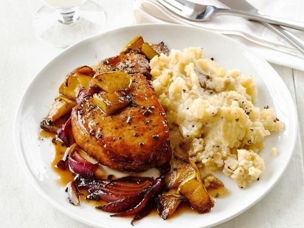 Food Network Magazine's Pork Chops With Apples and Garlic Smashed Potatoes