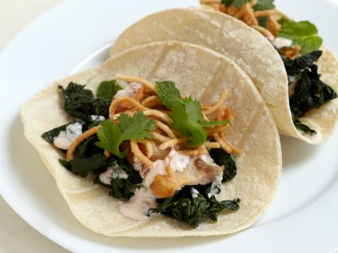 Black Kale and Pork Belly Tacos with Sambal Sour Cream