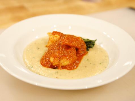 Pan-Seared Shrimp with Romesco Sauce, Creamy Grits, and Greens
