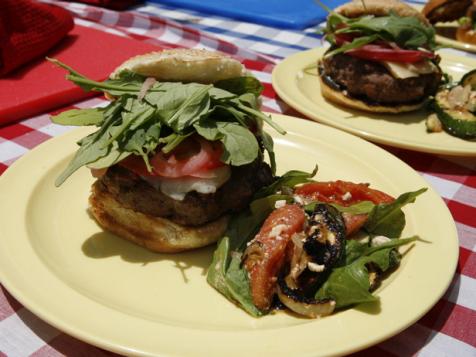 Big Fat Burger with Gruyere, Ham, Pickled Onions, Arugula, and Garlic Mayo