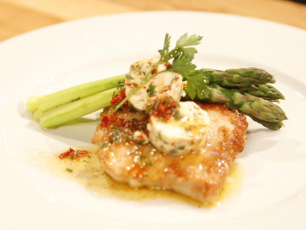 Herbed Pork Paillards with Sundried Tomato Butter and Asparagus
