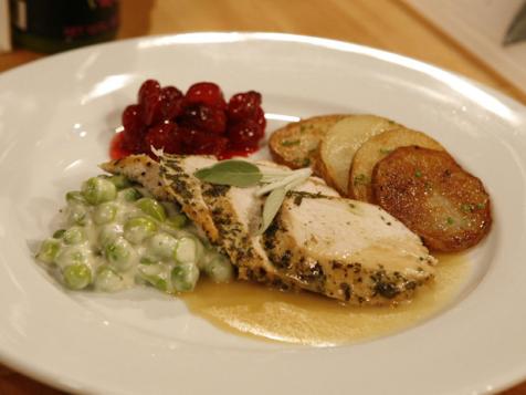 Herbed Turkey Breast in Gravy with Creamed English Peas and Cranberry Compote