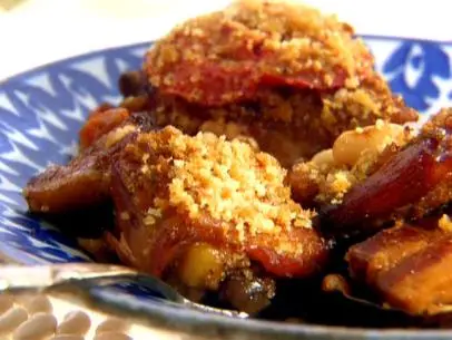 A Chicken, Bacon and White Bean dinner in a white and blue patterened bowl